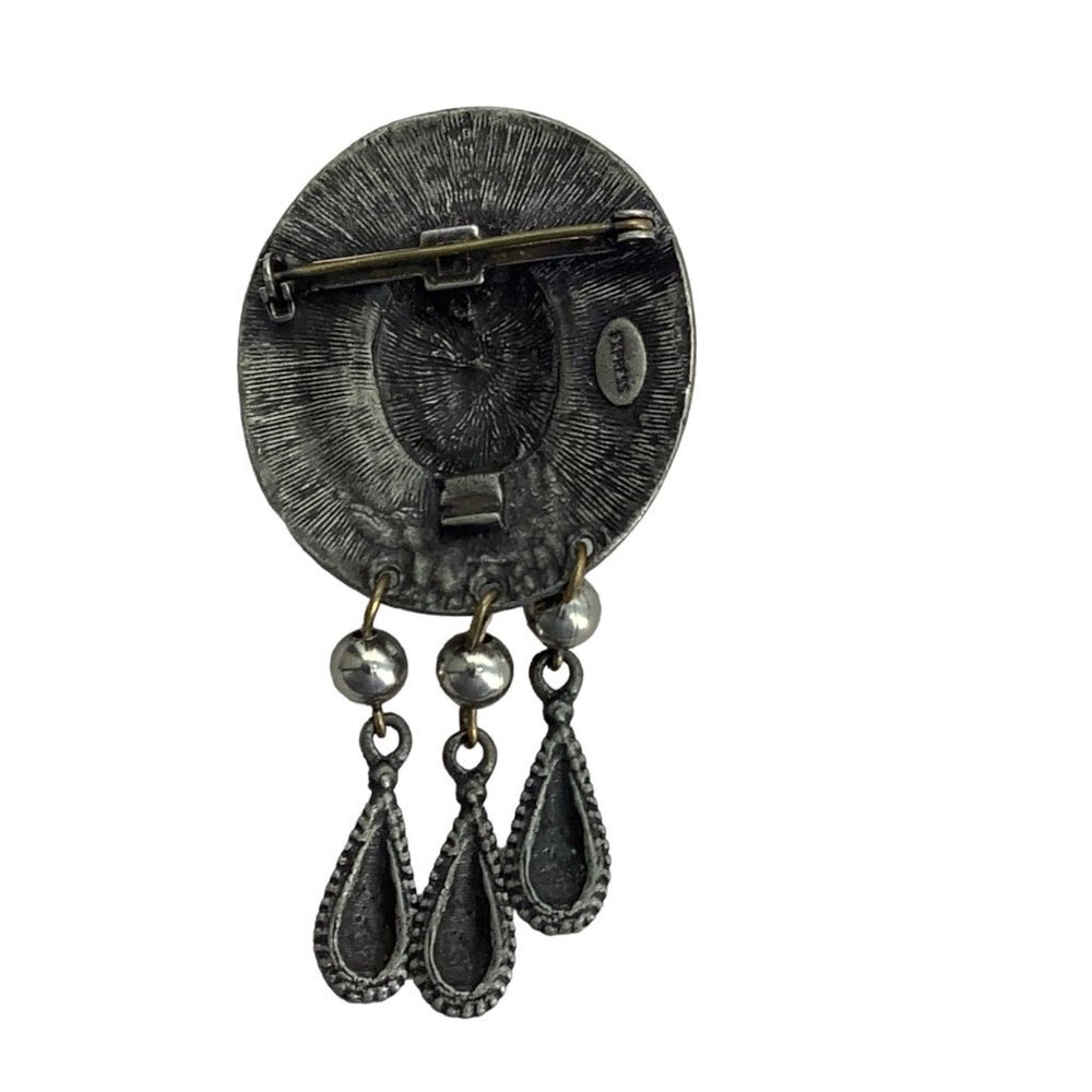 Express Oval Aztec Pattern Dangling Brooch Costume Jewelry Silver‎ Tone Signed - Picture 2 of 4